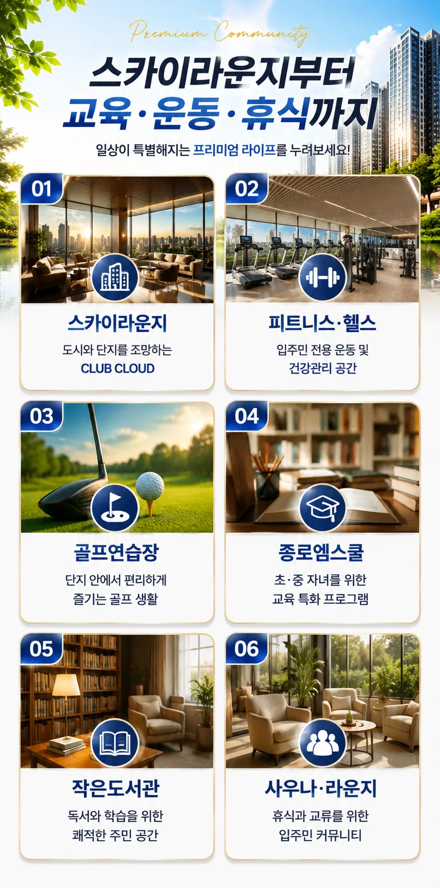 스카이라운지, 피트니스·헬스, 골프연습장, 종로엠스쿨, 작은도서관, 사우나·라운지 프리미엄 커뮤니티 안내